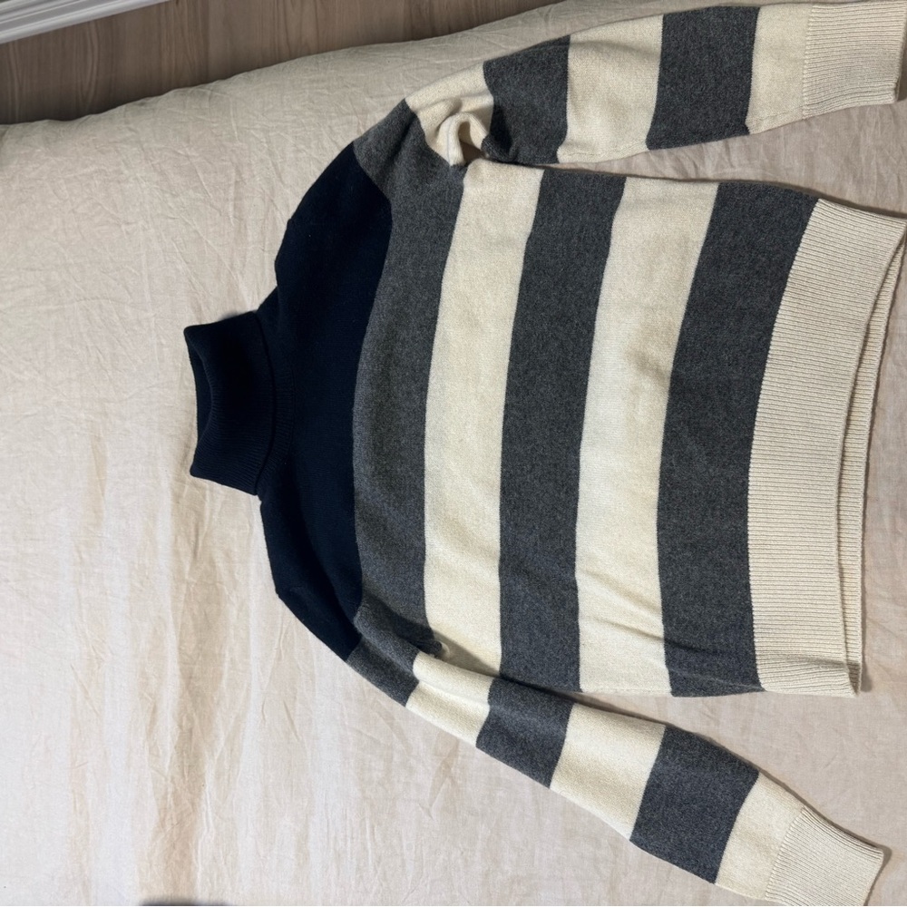 Moncler Navy and Cream Striped Turtleneck Sweater